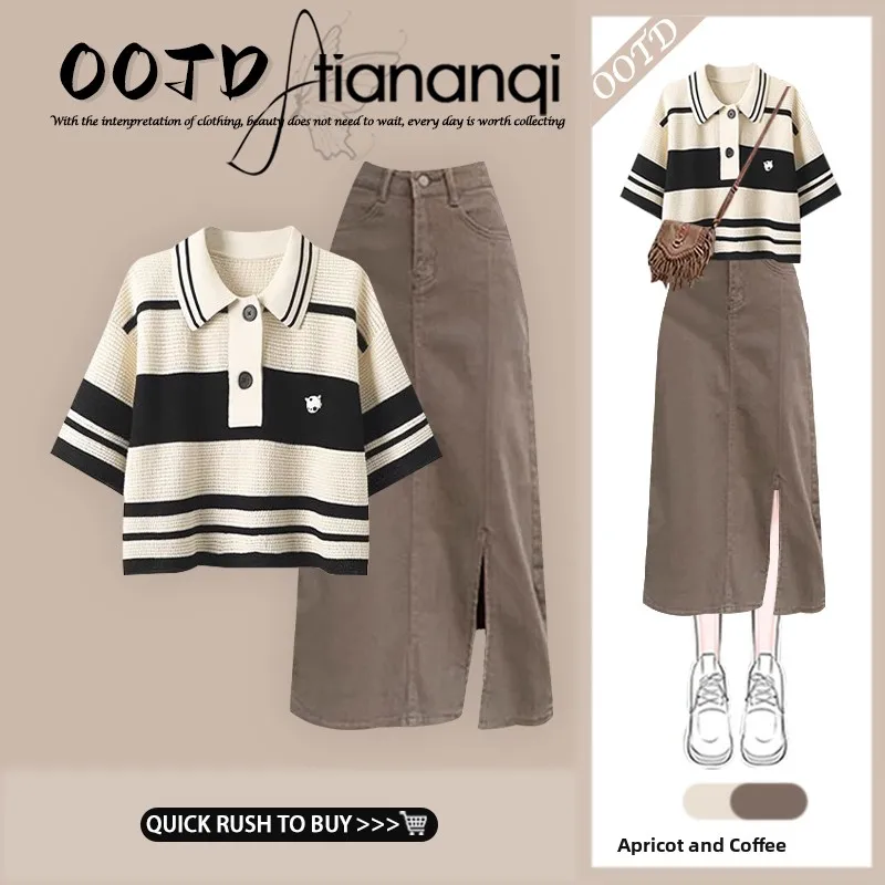 Summer Stripe Short Sleeve Top And Slimming Half-length Skirt Set Women's plus Size Fashionable Two-piece Ensemble
Summer Stripe Short Sleeve Top And Slimming Half-length Skirt Set Women's plus Size Fashionable Two-piece Ensemble