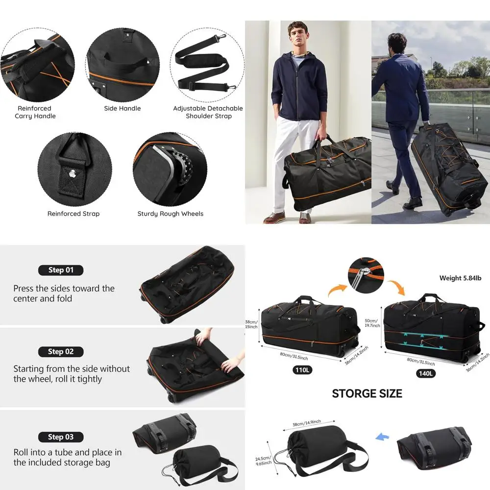 Expandable 110L/140L Soft-Sided Foldable Duffel Bag with 2 Wheels, 32 Packable Carry-On, Black Orange
Expandable 110L/140L Soft-Sided Foldable Duffel Bag with 2 Wheels, 32 Packable Carry-On, Black Orange