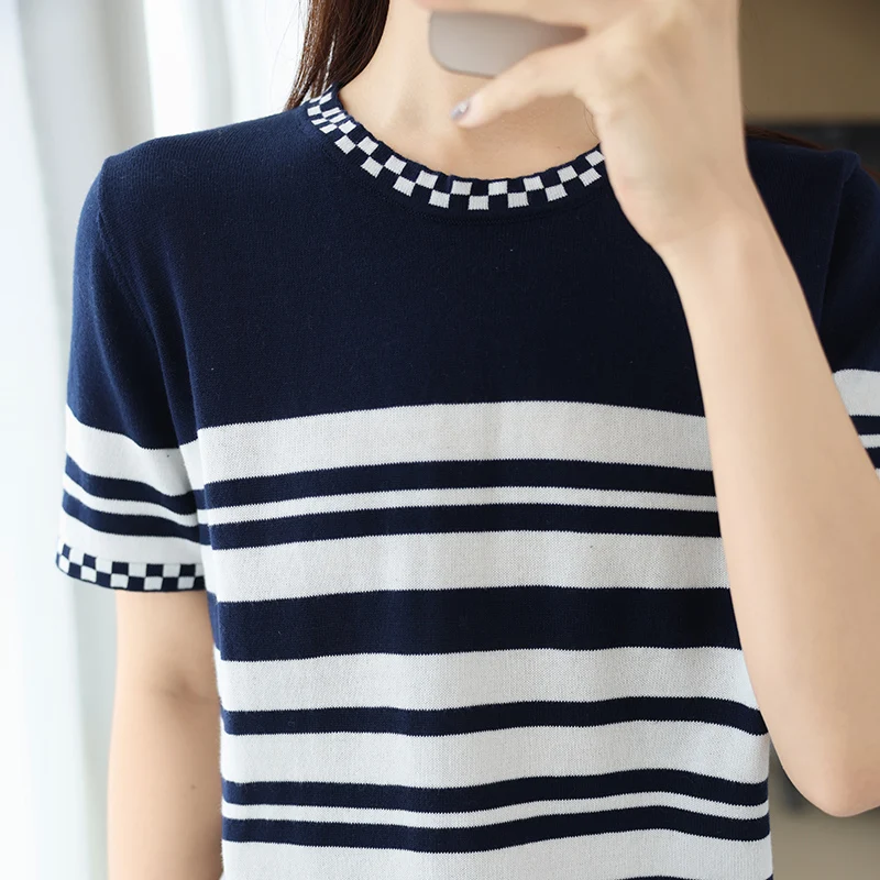 Summer new 100% pure cotton short sleeved casual striped knitted T-shirt round neck Jumper women's Tops loose Tees thin version
Summer new 100% pure cotton short sleeved casual striped knitted T-shirt round neck Jumper women's Tops loose Tees thin version