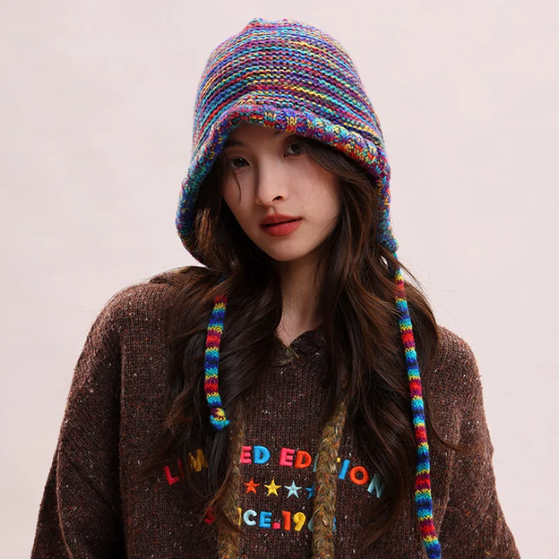 Rainbow color long strap bomber hat girl's winter pullover hats cute tie rope sweet ear protection knitted Baotou cap
Rainbow color long strap bomber hat girl's winter pullover hats cute tie rope sweet ear protection knitted Baotou cap