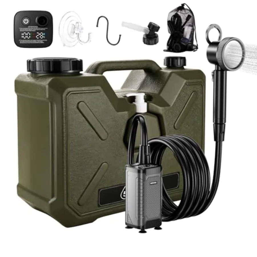 Portable camping shower kit with food-grade 5-gallon water jug, 8000mAh rechargeable battery, LED display, waterproof designide
Portable camping shower kit with food-grade 5-gallon water jug, 8000mAh rechargeable battery, LED display, waterproof designide