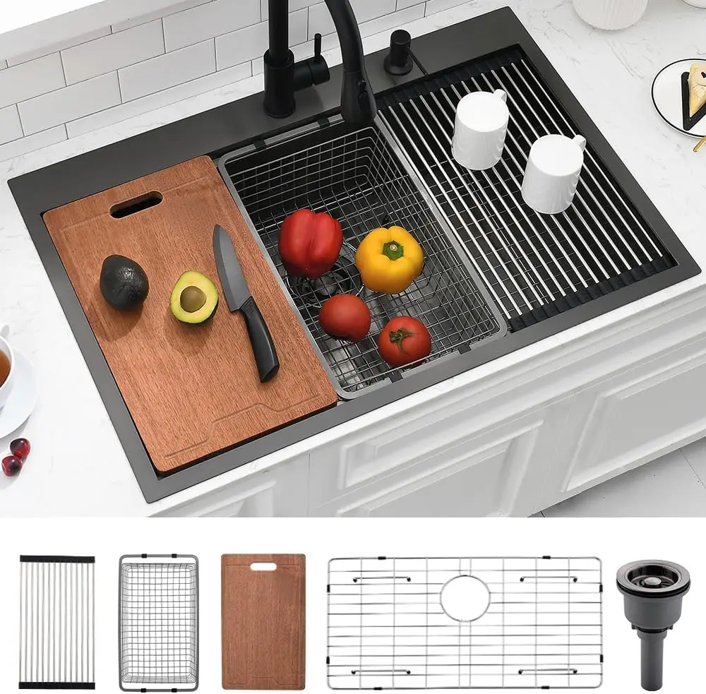 31.5 Inch Black-Grey Nano Kitchen Sink with Waterfall, Stainless Steel, Digital Display and Combo Set for Kitchen Countertop
31.5 Inch Black-Grey Nano Kitchen Sink with Waterfall, Stainless Steel, Digital Display and Combo Set for Kitchen Countertop