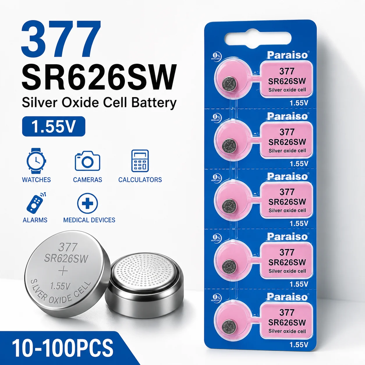 377 SR626SW LR626 V377 1.55V Silver Oxide Coin Cell Battery 10-100PCS for Watch Clock Remote Toy
377 SR626SW LR626 V377 1.55V Silver Oxide Coin Cell Battery 10-100PCS for Watch Clock Remote Toy