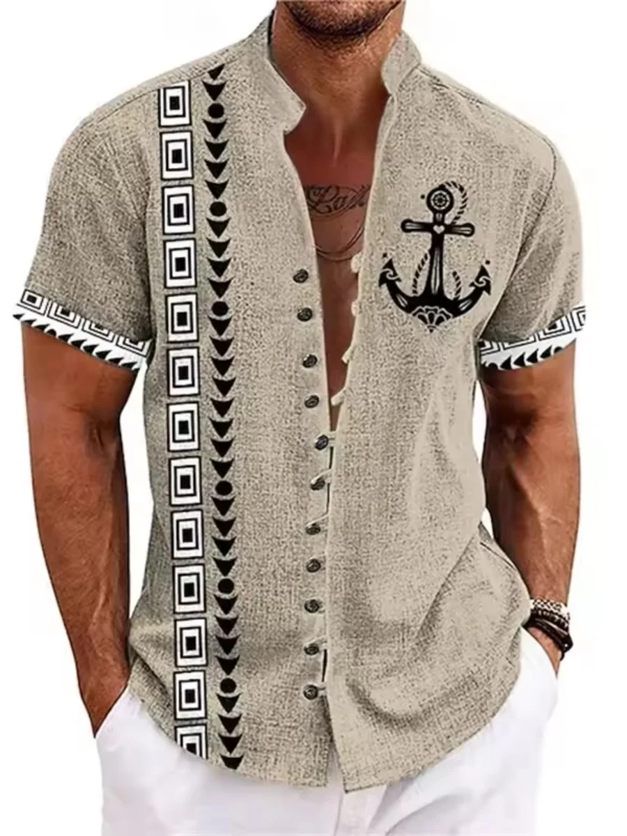 New men's linen short-sleeved shirt, fashionable, retro style, ethnic totem print, comfortable and breathable, men's top
New men's linen short-sleeved shirt, fashionable, retro style, ethnic totem print, comfortable and breathable, men's top