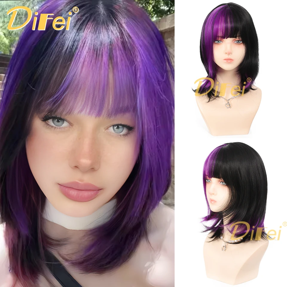 DIFEI Synthetic Wig Black And Purple Highlights Clavicle Hair Synthetic Wig Female Sweet Cool Style Highlights Clavicle Hair Wig
DIFEI Synthetic Wig Black And Purple Highlights Clavicle Hair Synthetic Wig Female Sweet Cool Style Highlights Clavicle Hair Wig