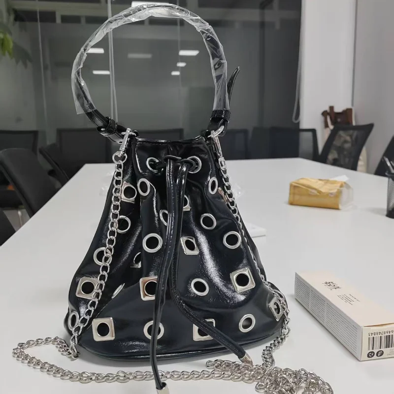 Punk Style Bucket Bag For Women, Hollow Rivet & Drawstring Design Handbag Soft Leather Crossbody Bag With Exquisite Chain Strap
Punk Style Bucket Bag For Women, Hollow Rivet & Drawstring Design Handbag Soft Leather Crossbody Bag With Exquisite Chain Strap