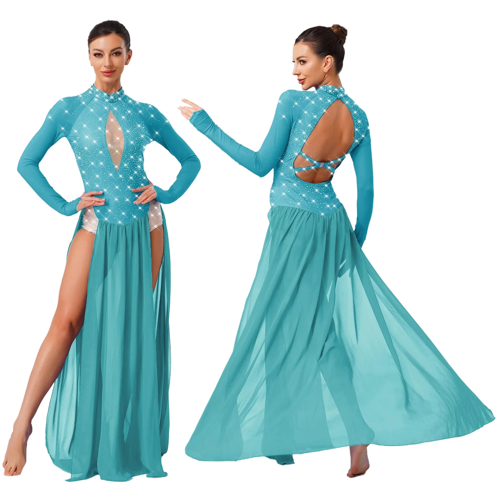 Women Ballet Rhinestones Lyrical Dance Dress Skating Modern Dancewear Long Sleeve Backless Chiffon Slit Hem Leotard Maxi Dress
Women Ballet Rhinestones Lyrical Dance Dress Skating Modern Dancewear Long Sleeve Backless Chiffon Slit Hem Leotard Maxi Dress