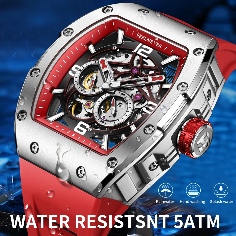 FeelNever Fashion Luxury Mechanical Wristwatches Skeleton Silicone Casual Sports Waterproof Automatic Tourbillon Watches for Men
FeelNever Fashion Luxury Mechanical Wristwatches Skeleton Silicone Casual Sports Waterproof Automatic Tourbillon Watches for Men
