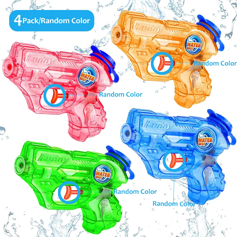 Набор из 4 мини-водных пистолетов случайных цветов для детей, дальность стрельбы 5-7 м, супер-бластеры, водные игрушки
Набор из 4 мини-водных пистолетов случайных цветов для детей, дальность стрельбы 5-7 м, супер-бластеры, водные игрушки
