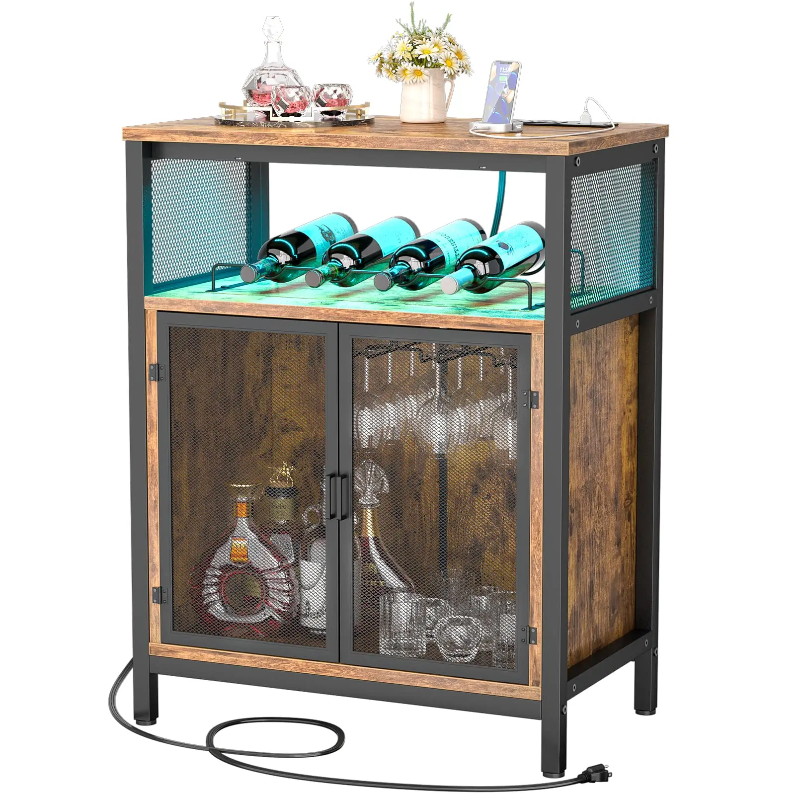 Rustic Brown Freestanding Bar Cabinet With RGB Lighting, Wine Rack, Glass Holder, And Power Outlet For Home Kitchen Or Dining
Rustic Brown Freestanding Bar Cabinet With RGB Lighting, Wine Rack, Glass Holder, And Power Outlet For Home Kitchen Or Dining
