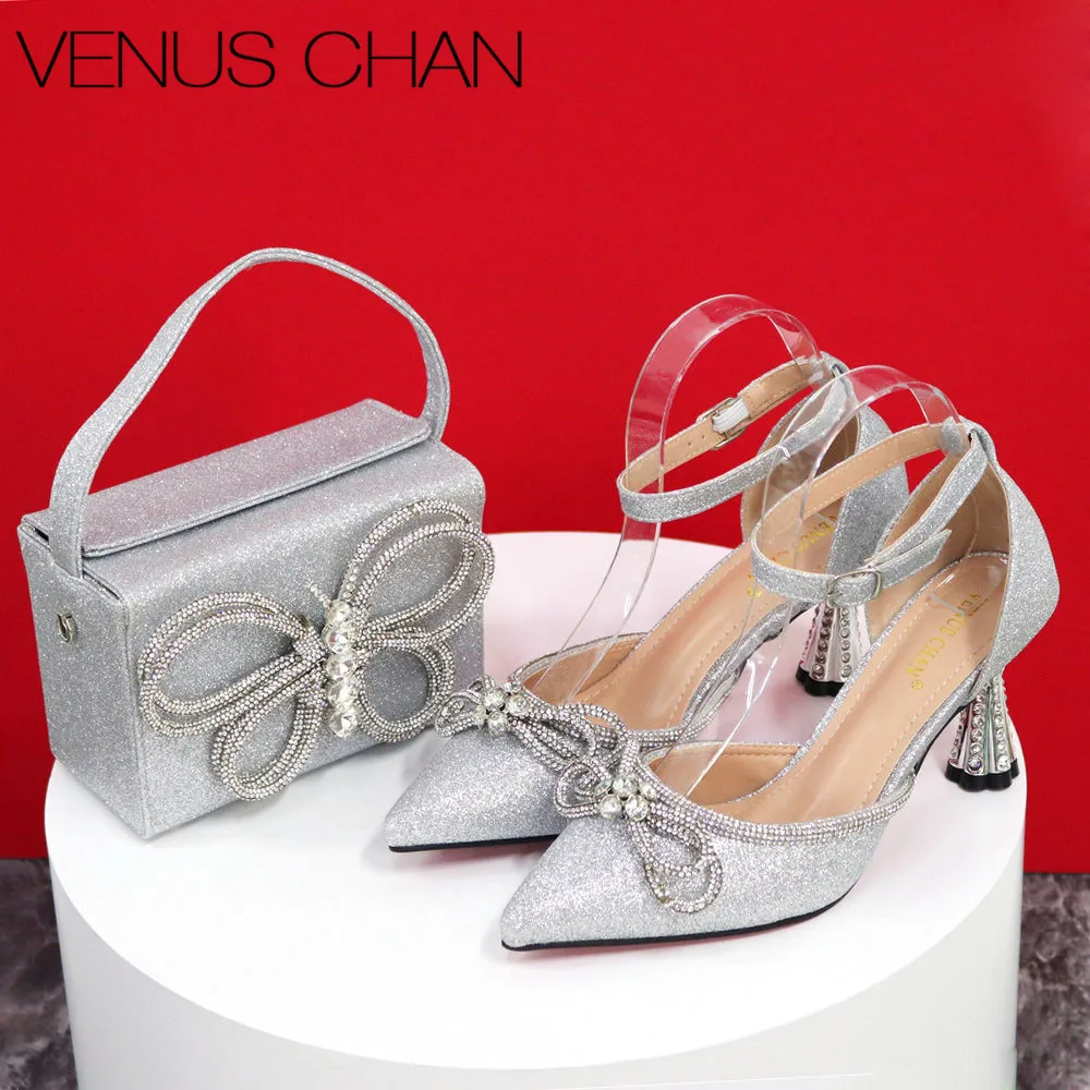 Newest Silver Color High Heels Pointed Toe Sandals Decorated with Rhinestone Bow Tie Design Party Women's Shoes and Bags Set
Newest Silver Color High Heels Pointed Toe Sandals Decorated with Rhinestone Bow Tie Design Party Women's Shoes and Bags Set