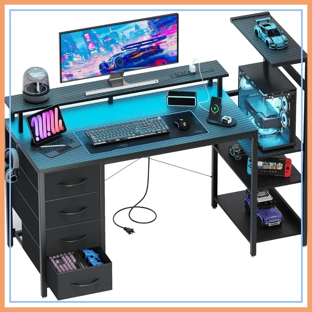 51 Inch Gaming Desk with LED Lights and Power Outlets, Storage Shelves, Fabric Drawers, Monitor Stand, Side Hook, Reversible Computer Desk for Home Office
51 Inch Gaming Desk with LED Lights and Power Outlets, Storage Shelves, Fabric Drawers, Monitor Stand, Side Hook, Reversible Computer Desk for Home Office