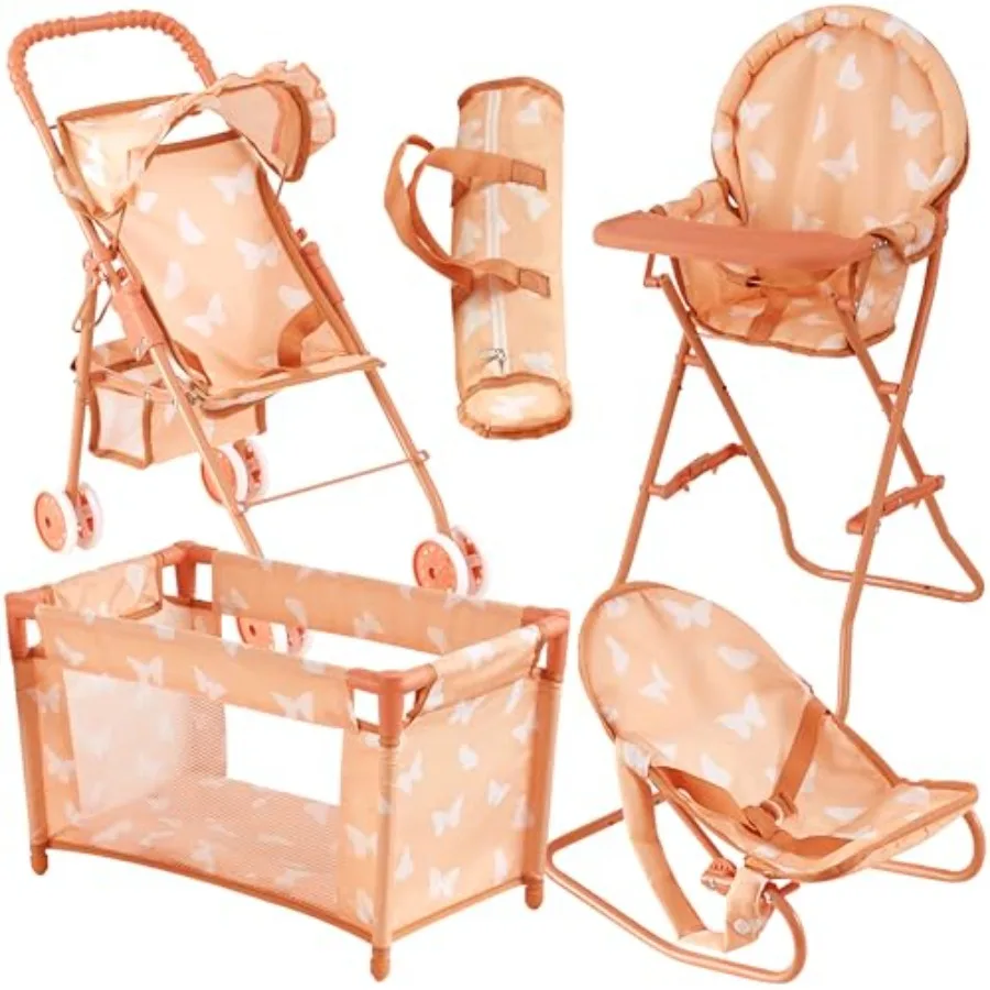 4-in-1 Baby Doll Stroller Set with Butterfly Design Includes Toy Stroller Crib Bouncer and High Chair Doll Accessories and Baby
4-in-1 Baby Doll Stroller Set with Butterfly Design Includes Toy Stroller Crib Bouncer and High Chair Doll Accessories and Baby