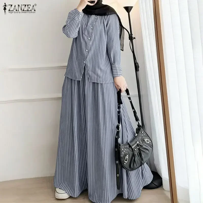 2026 Summer Women Long Sleeve Tops Shirt Dress Sets ZANZEA Muslim Hijab Tracksuit Outfits Women 2 Pieces Sets Striped Skirt Suit
2026 Summer Women Long Sleeve Tops Shirt Dress Sets ZANZEA Muslim Hijab Tracksuit Outfits Women 2 Pieces Sets Striped Skirt Suit