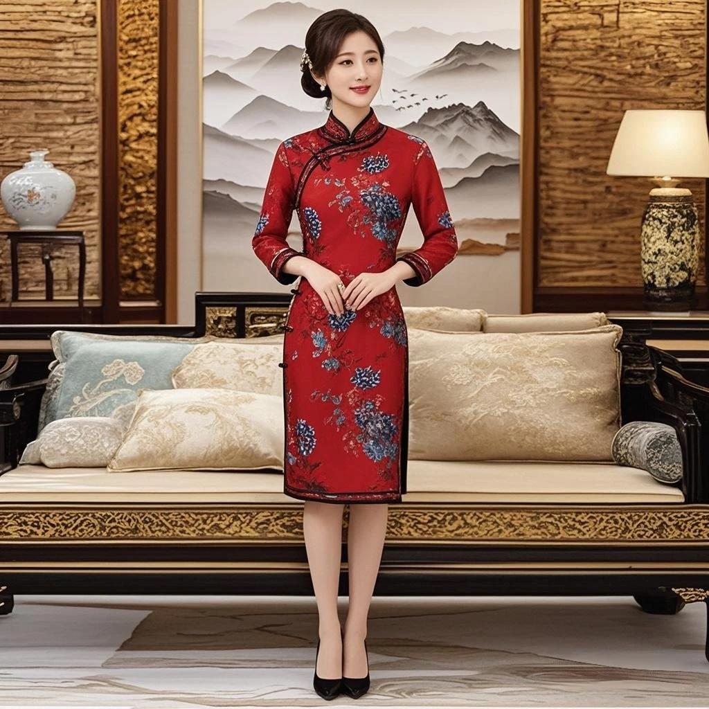 Old Momey Look Women Thicken Fleece Qipao Dresses Mandarin Collar Slim Fit Three Quater Sleeve Side Splite Design One Piece Robe
Old Momey Look Women Thicken Fleece Qipao Dresses Mandarin Collar Slim Fit Three Quater Sleeve Side Splite Design One Piece Robe