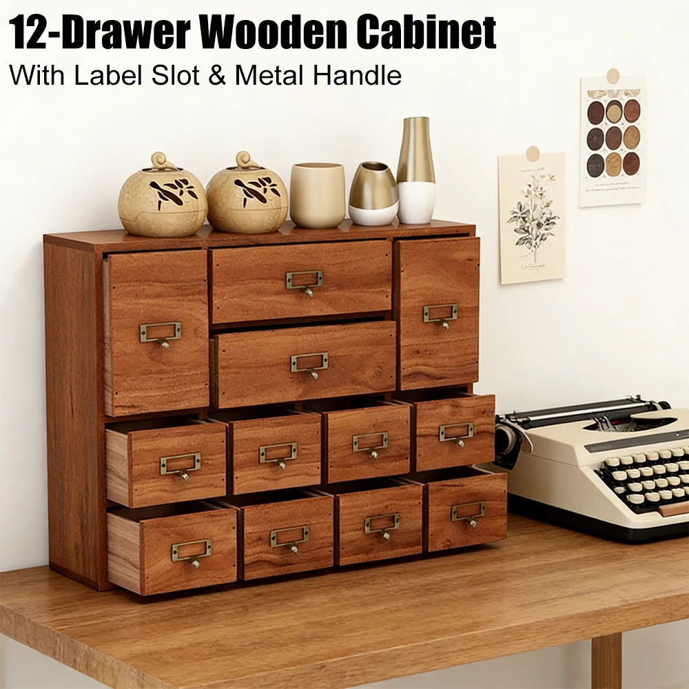 12 Drawer Wooden Cabinet With Label Slot & Metal Handle Storage Box Apothecary Storage Rack Stationery Organizer For Bedroom
12 Drawer Wooden Cabinet With Label Slot & Metal Handle Storage Box Apothecary Storage Rack Stationery Organizer For Bedroom