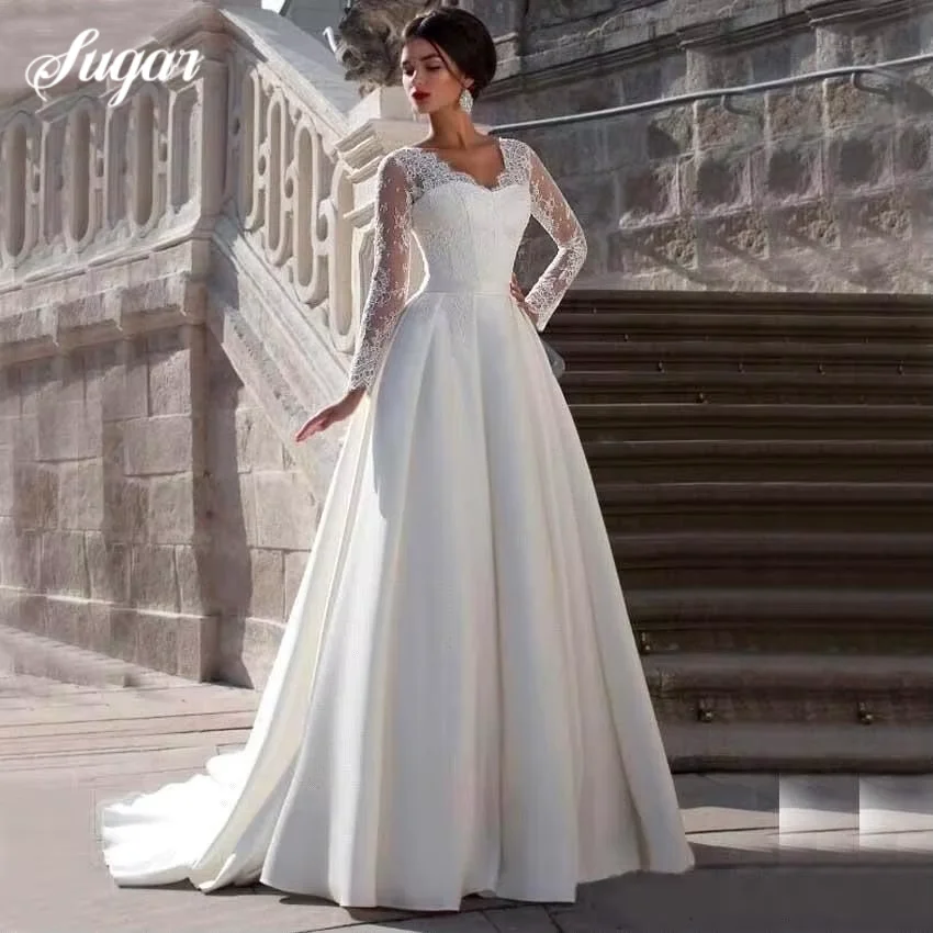 Modest Lace Appliqued A-line Satin Wedding Dress V Neck Back Lace Long Sleeve Customized For Women Princess Robe de Mariee
Modest Lace Appliqued A-line Satin Wedding Dress V Neck Back Lace Long Sleeve Customized For Women Princess Robe de Mariee