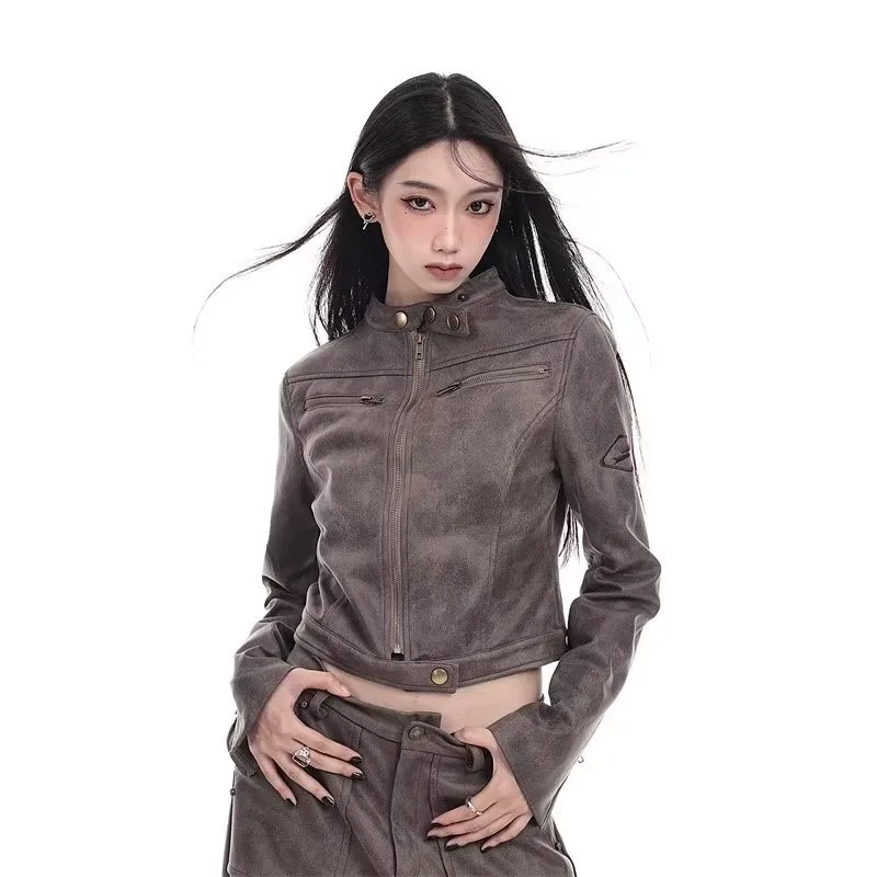 Women's autumn new American street trend retro worn leather stand collar jacket short leather coat motorcycle jacket
Women's autumn new American street trend retro worn leather stand collar jacket short leather coat motorcycle jacket