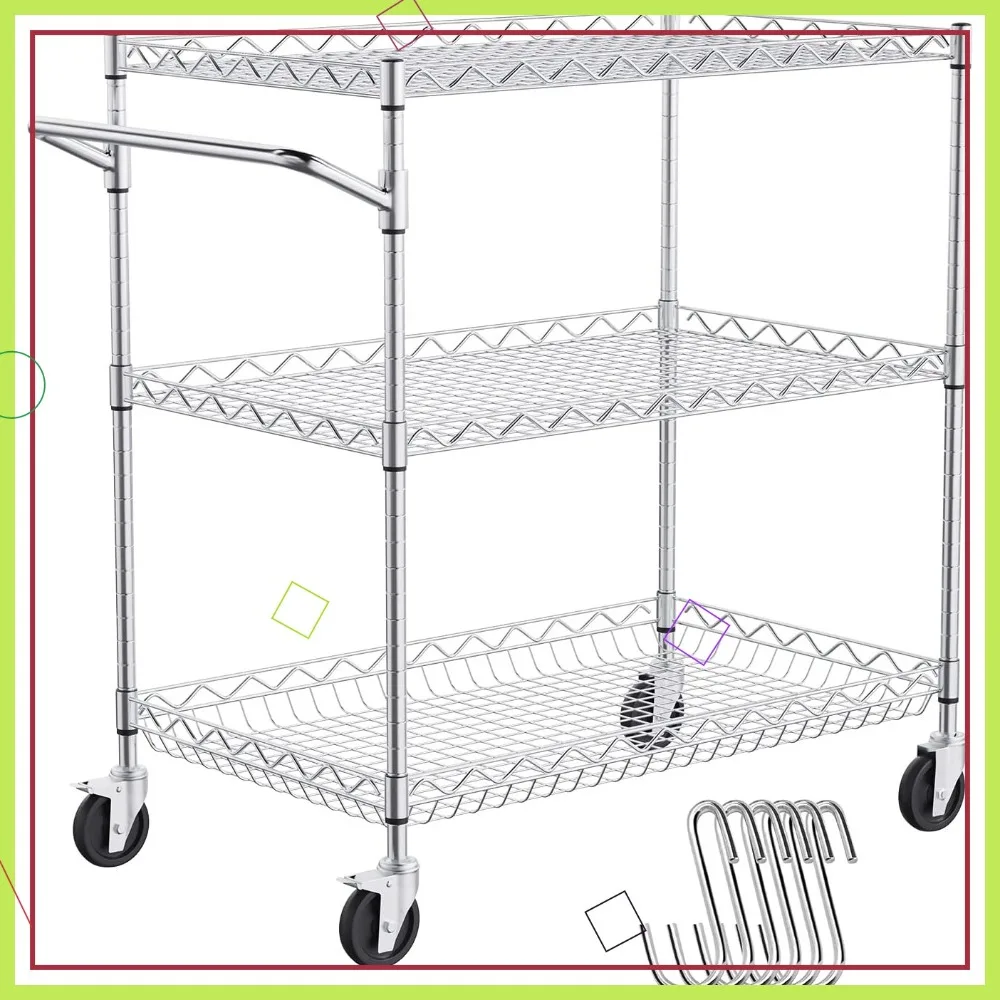 3-Tier Rolling Kitchen Cart with 661 LBS Capacity, Steel Wire Table on Wheels, Metal Storage Trolley with Deep Basket and Hooks
3-Tier Rolling Kitchen Cart with 661 LBS Capacity, Steel Wire Table on Wheels, Metal Storage Trolley with Deep Basket and Hooks