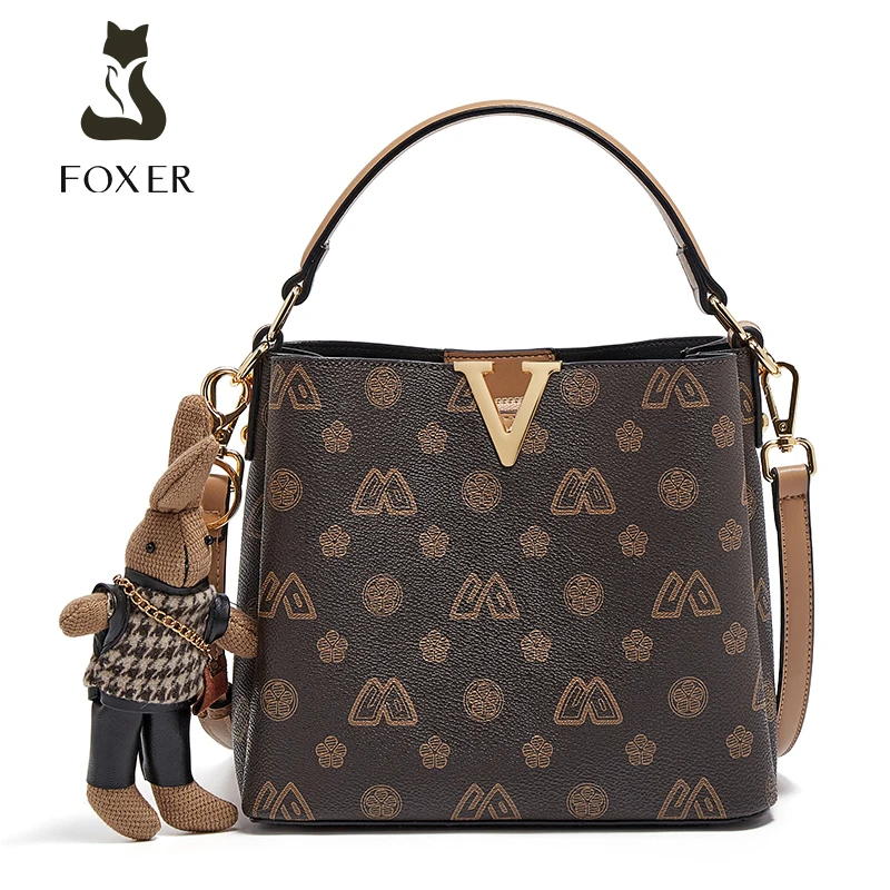 FOXER Women PVC Monogram Printed Bucket Bag Lady Gold Logo Bear Pendant Top Handle Bag Female Fashion Crossbody Shoulder Handbag
FOXER Women PVC Monogram Printed Bucket Bag Lady Gold Logo Bear Pendant Top Handle Bag Female Fashion Crossbody Shoulder Handbag
