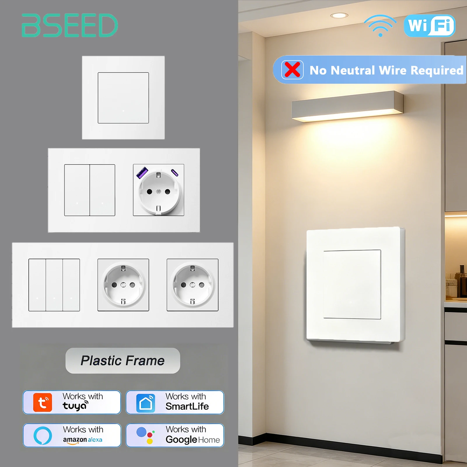 BSEED 1/2/3Gang 2Way WIFI Light Switch Smart Click Switch With EU Wall Socket Plastic Frame Tuya Smart Life No Neutral Line
BSEED 1/2/3Gang 2Way WIFI Light Switch Smart Click Switch With EU Wall Socket Plastic Frame Tuya Smart Life No Neutral Line