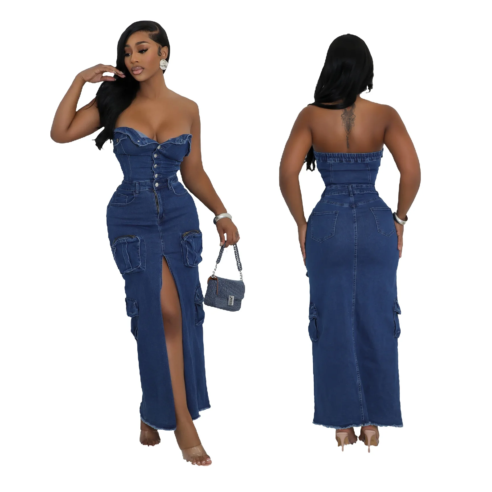 New 3D Pocket Sexy Strapless Off-the-Shoulder Split Workwear Denim Dress Autumn Long A-Line Skirt for Women
New 3D Pocket Sexy Strapless Off-the-Shoulder Split Workwear Denim Dress Autumn Long A-Line Skirt for Women