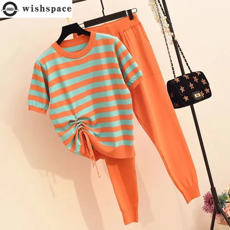 Summer New Set of Women's Knitted Casual and Fashionable Striped Splicing Drawstring Short Sleeved Knitted Pants Two-piece Set
Summer New Set of Women's Knitted Casual and Fashionable Striped Splicing Drawstring Short Sleeved Knitted Pants Two-piece Set