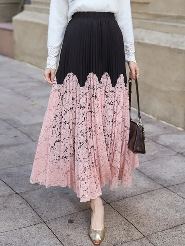 SMTHMA High-Quality Elegant Temperament Lace Patchwork Pleated Skirt Women's Autumn Slim Elastic Waist Mid Length Skirt
SMTHMA High-Quality Elegant Temperament Lace Patchwork Pleated Skirt Women's Autumn Slim Elastic Waist Mid Length Skirt