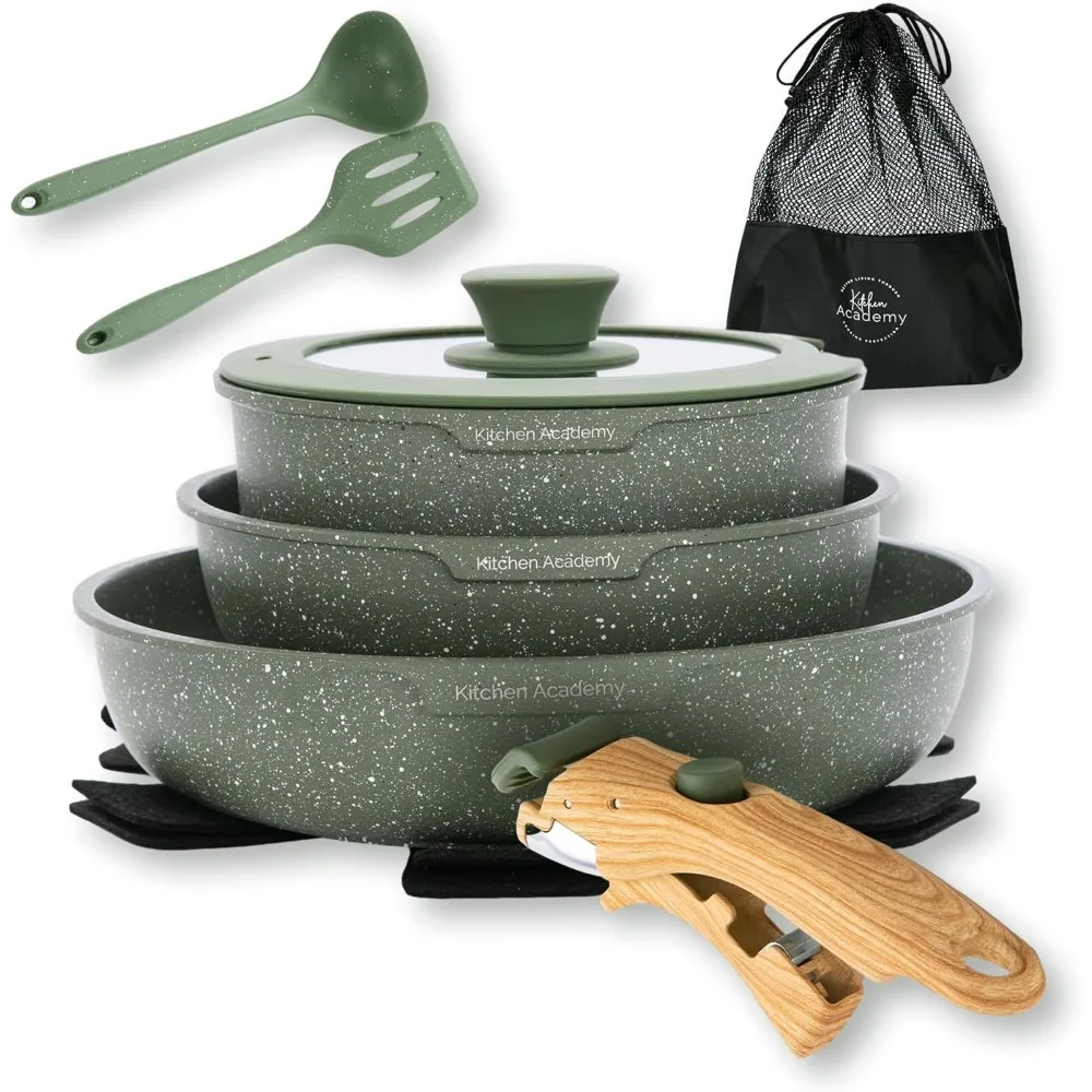 Removable Handle Pots and Pans Set - 10 Pieces Green Cookware Set with Removable Handle, RV Induction Cookware Set for Camp
Removable Handle Pots and Pans Set - 10 Pieces Green Cookware Set with Removable Handle, RV Induction Cookware Set for Camp