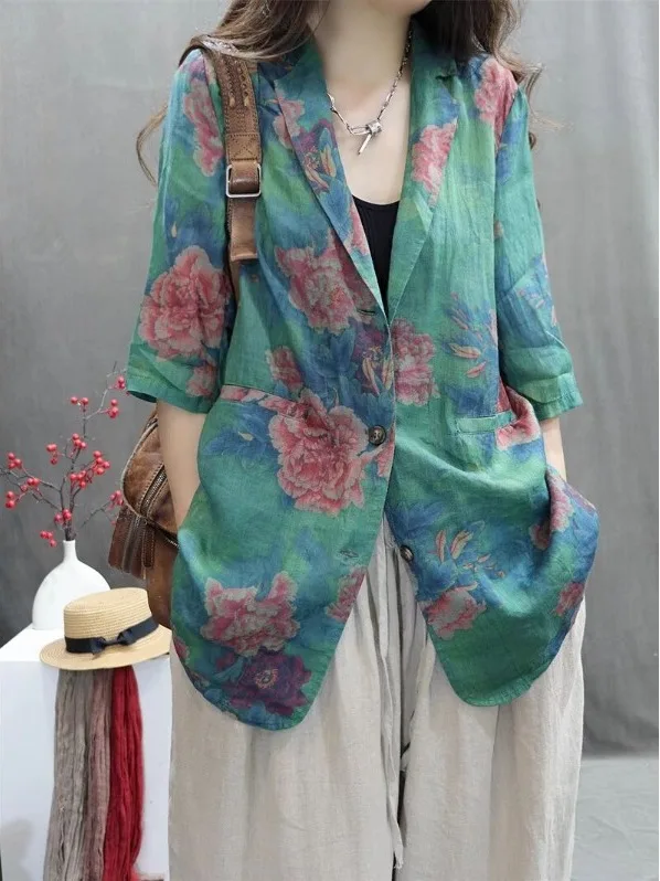 Женский повседневный пиджак из хлопка и льна с ретро-принтом, свободного кроя, с рукавом до локтя, универсальная верхняя одежда с цветочным узором, весенний сезон
Женский повседневный пиджак из хлопка и льна с ретро-принтом, свободного кроя, с рукавом до локтя, универсальная верхняя одежда с цветочным узором, весенний сезон
