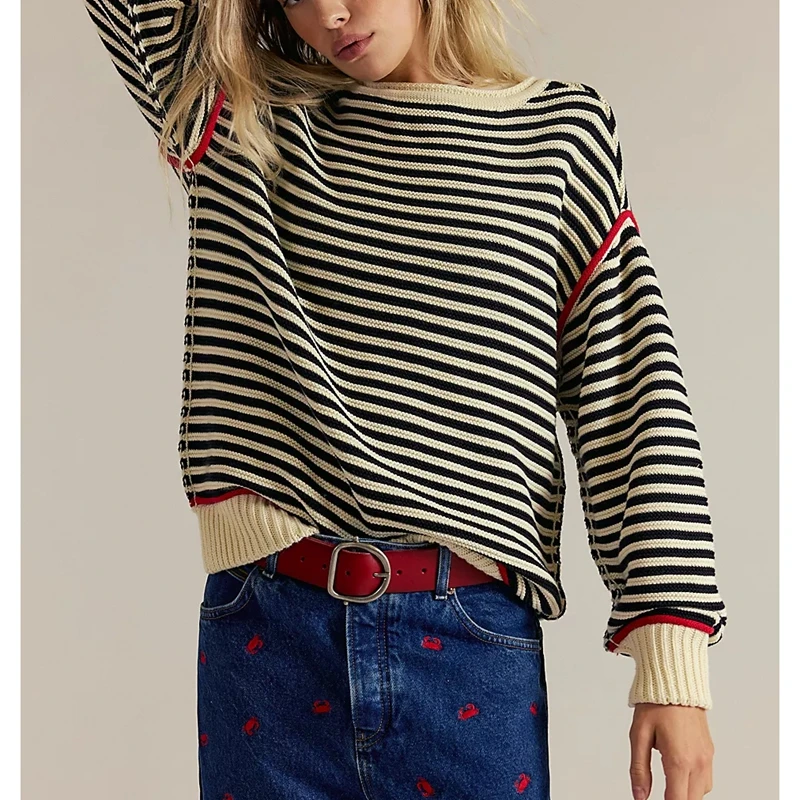 Combhasaki Women Y2K Vintage Retro Loose Striped Contrast Color Sweater Lantern Long Sleeve Round Neck Oversized Knitwear Tops
Combhasaki Women Y2K Vintage Retro Loose Striped Contrast Color Sweater Lantern Long Sleeve Round Neck Oversized Knitwear Tops