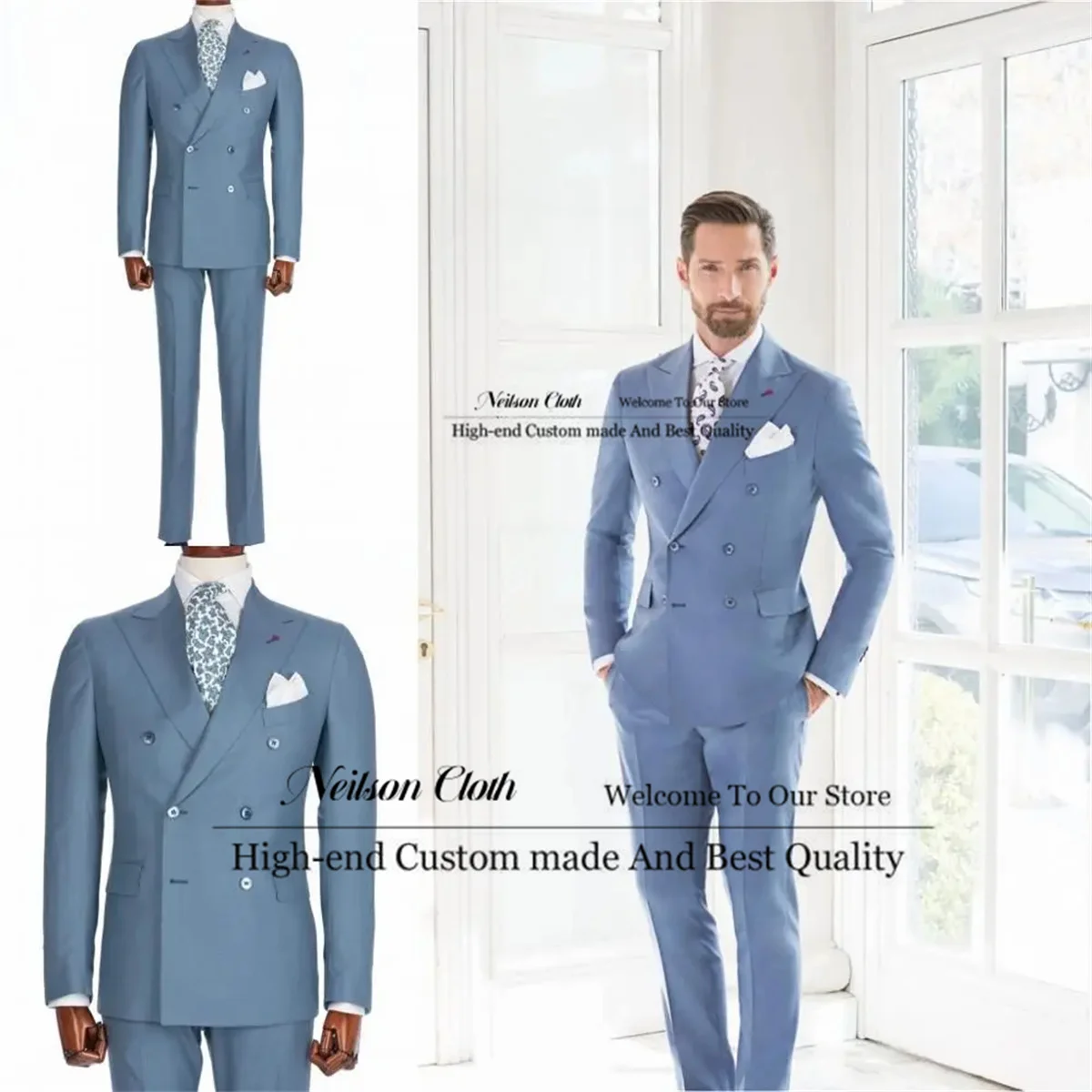 Formal Blue Male Prom Blazers Peaked Lapel Groom Wedding Tuxedos 2 Pieces Sets Men Suits Slim Fit Double Breasted Costume Homme
Formal Blue Male Prom Blazers Peaked Lapel Groom Wedding Tuxedos 2 Pieces Sets Men Suits Slim Fit Double Breasted Costume Homme