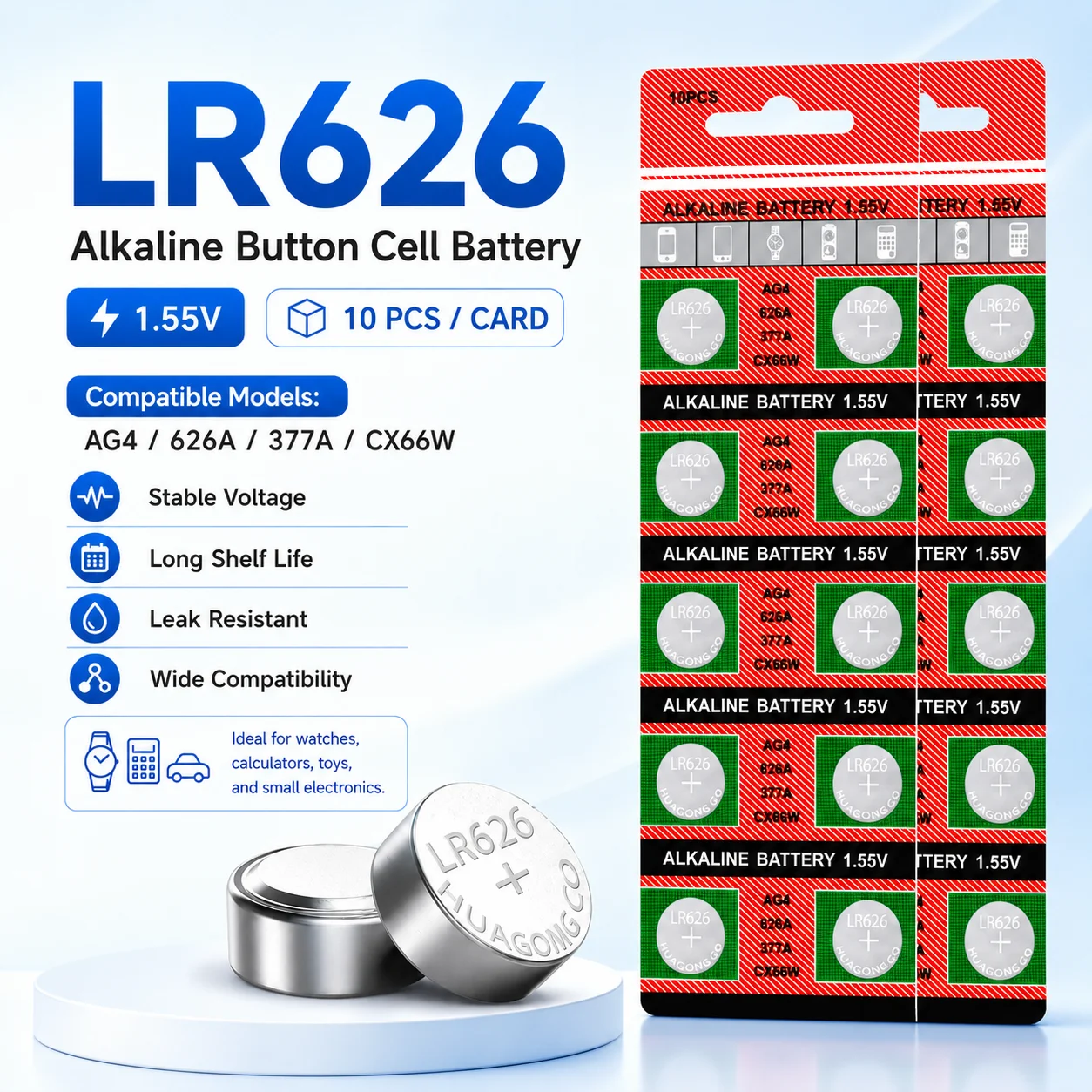 1.5V AG4 LR626 377A LR66 177 Coin Button Battery Single Pack For Watch Small Electronics
1.5V AG4 LR626 377A LR66 177 Coin Button Battery Single Pack For Watch Small Electronics
