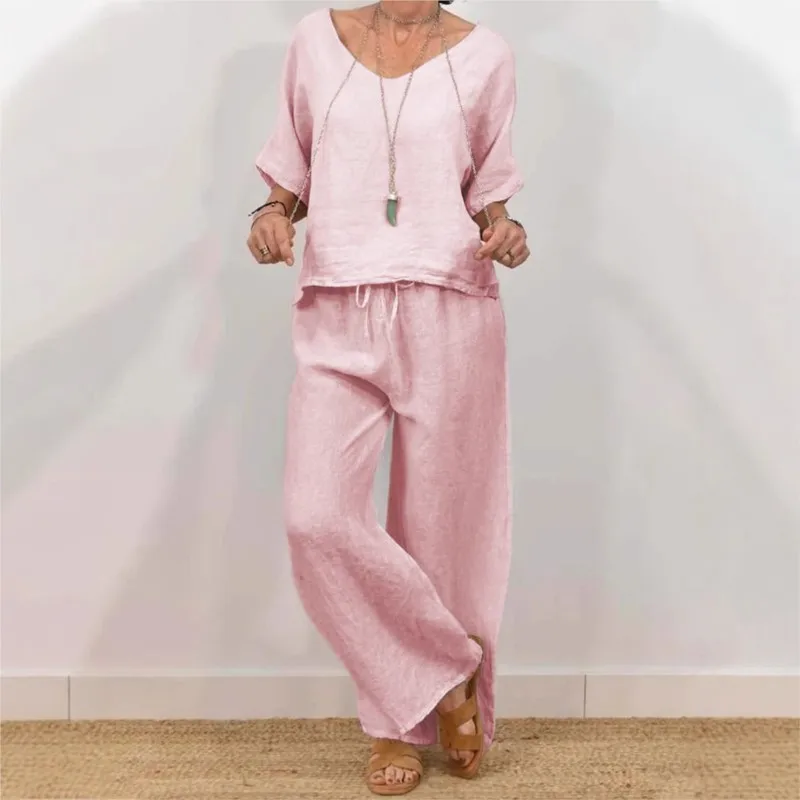 Linen Suits For Women 2 Piece Summer Fashion New Solid Round Neck Casual T-shirt Elastic Waist Wide Leg Pants Two Piece Sets
Linen Suits For Women 2 Piece Summer Fashion New Solid Round Neck Casual T-shirt Elastic Waist Wide Leg Pants Two Piece Sets