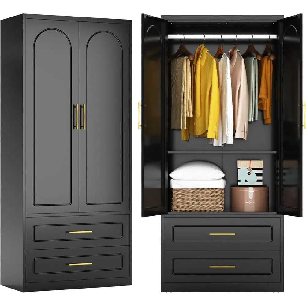 71 Tall Metal Wardrobe with 2 Doors, Hanging Rod, Adjustable Shelves - Black Storage Cabinet for Bedroom or Office
71 Tall Metal Wardrobe with 2 Doors, Hanging Rod, Adjustable Shelves - Black Storage Cabinet for Bedroom or Office