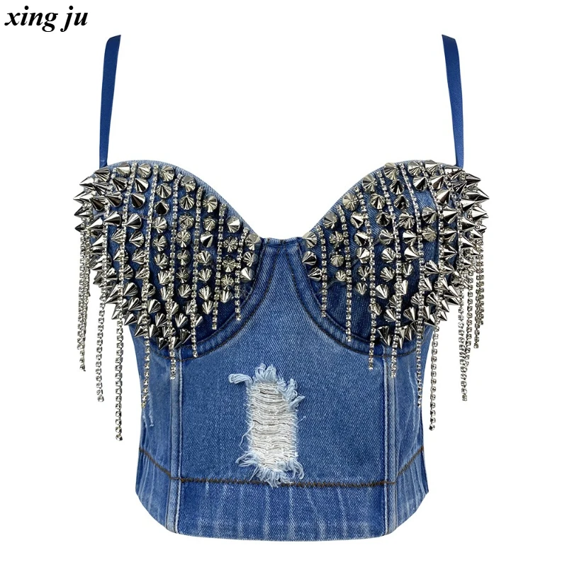 Xing Ju Women Jazz Dance Sexy Tassel Diamond Chain Crop Tops Fashion Sleeveless Corset Blue Denim Rivets Vest Party Stage Wear
Xing Ju Women Jazz Dance Sexy Tassel Diamond Chain Crop Tops Fashion Sleeveless Corset Blue Denim Rivets Vest Party Stage Wear