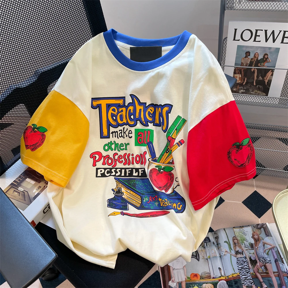 Женская летняя футболка оверсайз из чистого хлопка с цветным принтом в американском ретро-стиле, модная, с коротким рукавом
Женская летняя футболка оверсайз из чистого хлопка с цветным принтом в американском ретро-стиле, модная, с коротким рукавом