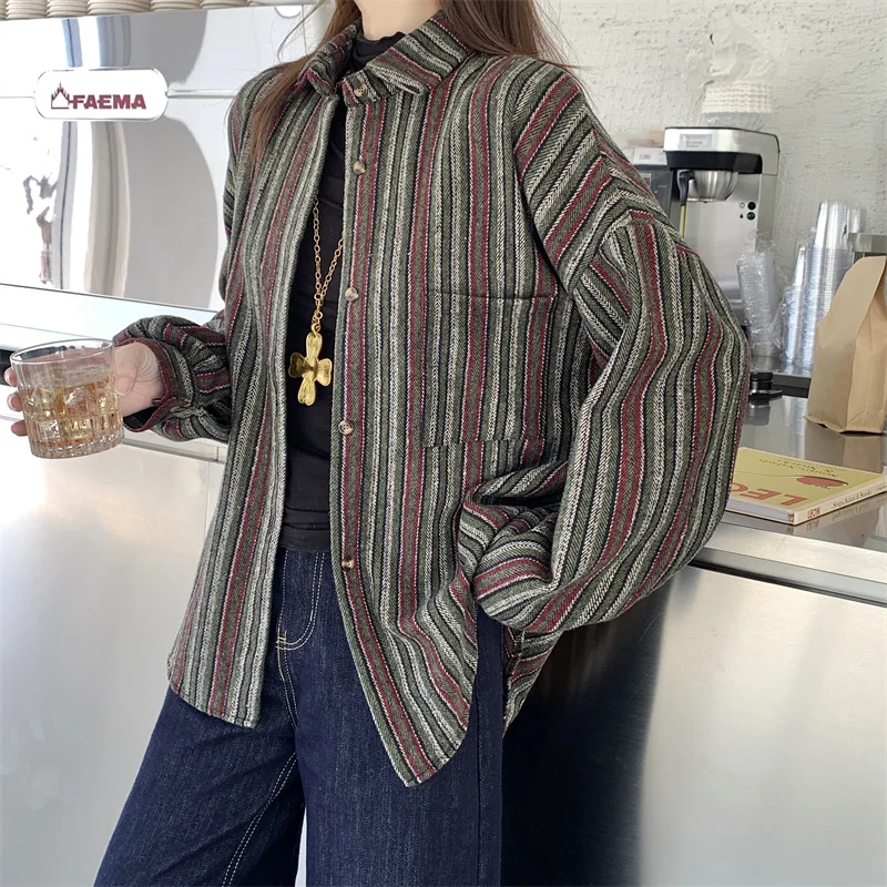 Thick Striped Women Blouse Autumn Winter Retro Loose Long Sleeved Shirt Korean Style Single Breasted Turn-down Collar Casual Top
Thick Striped Women Blouse Autumn Winter Retro Loose Long Sleeved Shirt Korean Style Single Breasted Turn-down Collar Casual Top