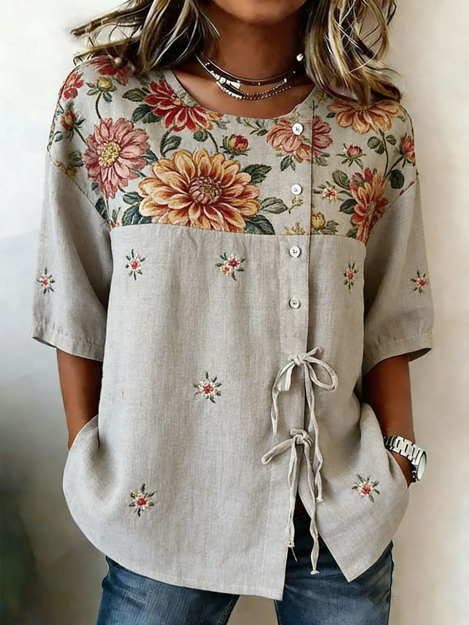 Women's Floral Print Patchwork Casual Blouse, Button Tie Front Loose Top with Pockets for Spring Summer Daily Wear
Women's Floral Print Patchwork Casual Blouse, Button Tie Front Loose Top with Pockets for Spring Summer Daily Wear