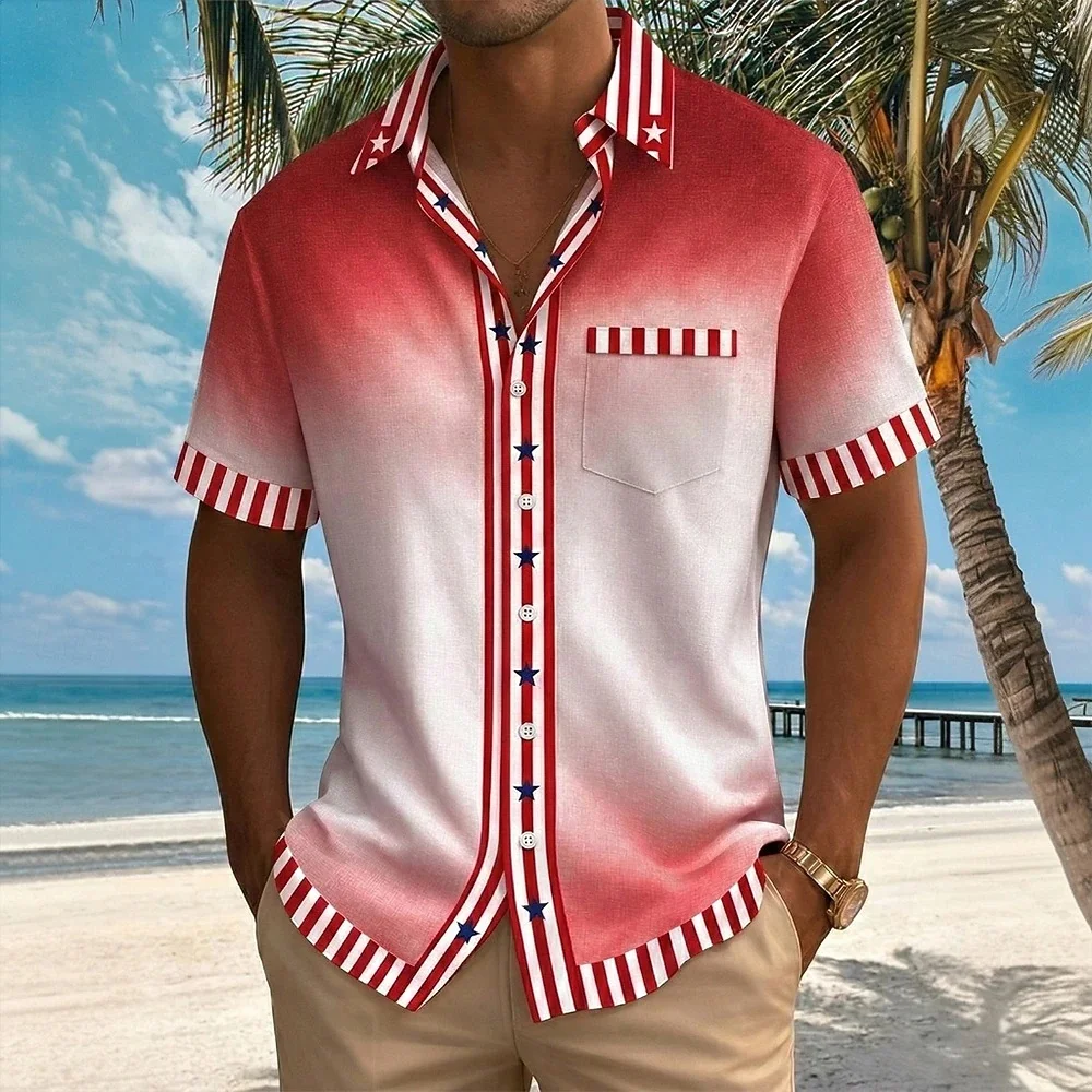 Men's summer short sleeved shirt with star stripe print, lapel button casual slim fit top, suitable for men's beach party shirts
Men's summer short sleeved shirt with star stripe print, lapel button casual slim fit top, suitable for men's beach party shirts