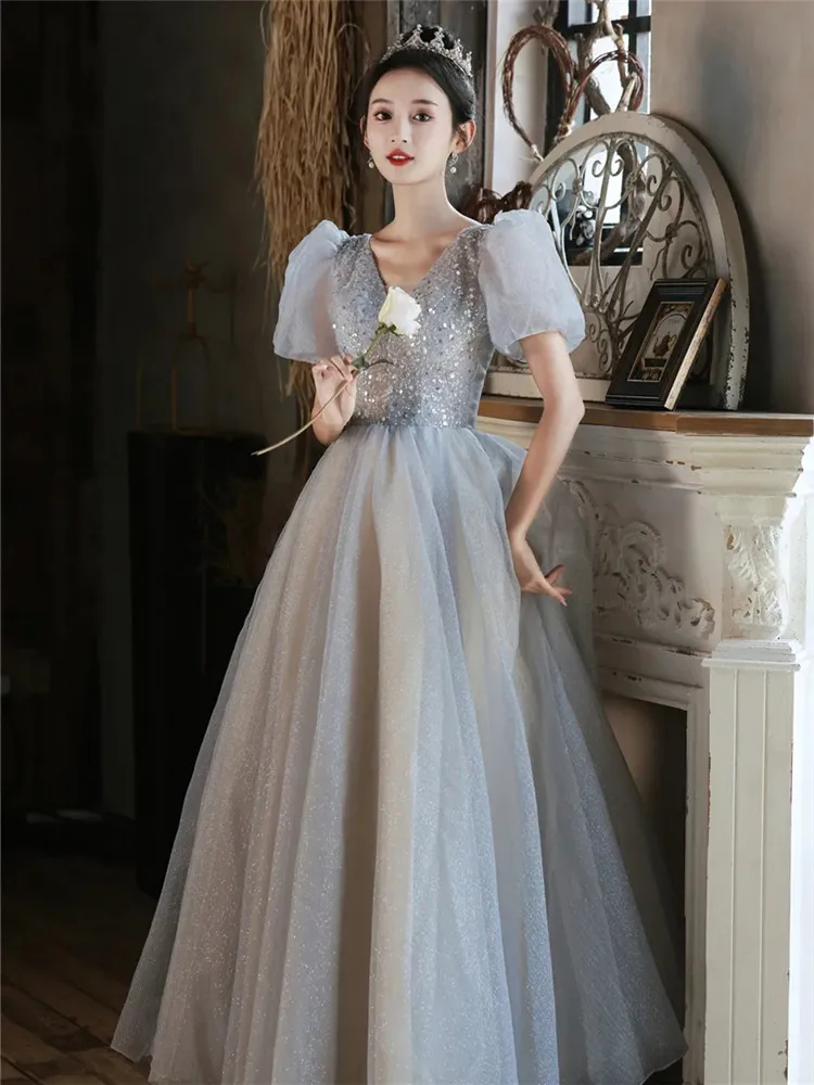 Silver Dress Women's Clothing Beaded Sequin V-neck Puffed Sleeves Solid Color Long A-line Skirt Elegant Evening Gown M310
Silver Dress Women's Clothing Beaded Sequin V-neck Puffed Sleeves Solid Color Long A-line Skirt Elegant Evening Gown M310
