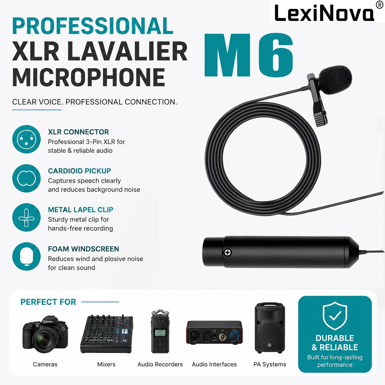 LexiNova M6 XLR Professional Lavalier Microphone Clear Sound For Outdoor Recording Vlog Live Streaming Interviews DSLR Cameras
LexiNova M6 XLR Professional Lavalier Microphone Clear Sound For Outdoor Recording Vlog Live Streaming Interviews DSLR Cameras
