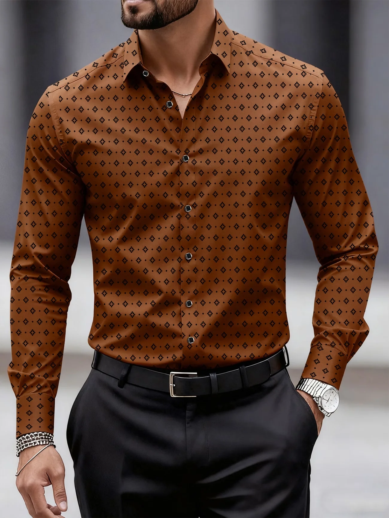 New men's long-sleeved shirt printed with small rhombus on black background business style slim casual shirt
New men's long-sleeved shirt printed with small rhombus on black background business style slim casual shirt