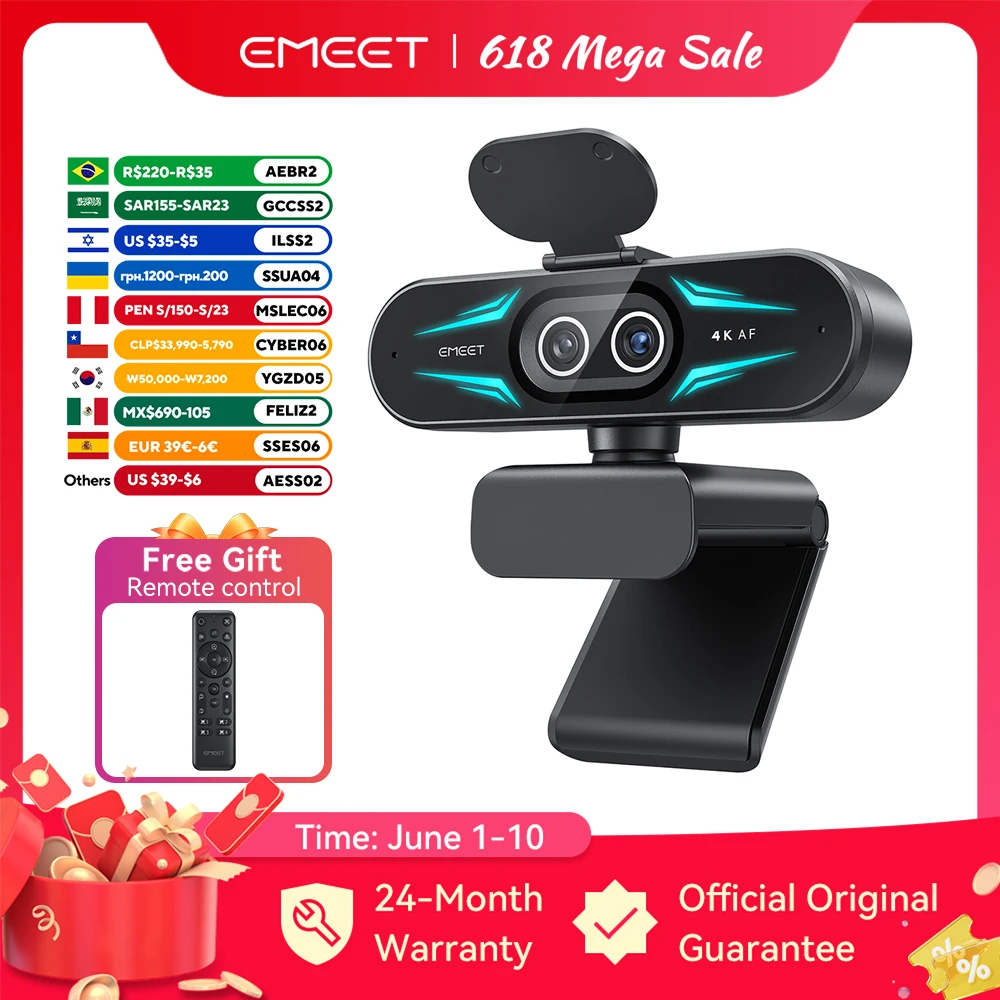 4K Webcam 1080P 60fps Web Camera EMEET C60E 4K Binocular USB Camera With RGB Light for Streaming/Gamer Video Camera for Computer
4K Webcam 1080P 60fps Web Camera EMEET C60E 4K Binocular USB Camera With RGB Light for Streaming/Gamer Video Camera for Computer