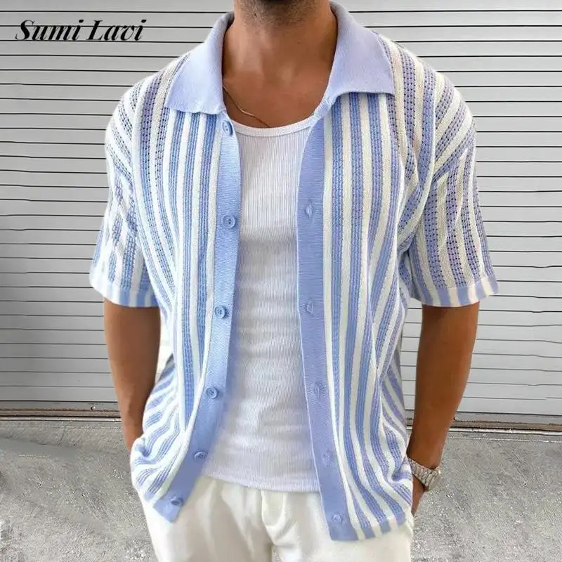 Vintage Turn-down Collar Buttoned Cardigan Tops Mens Knitting Short Sleeve Slim Shirt Summer Men Trendy Striped Crochet Shirts
Vintage Turn-down Collar Buttoned Cardigan Tops Mens Knitting Short Sleeve Slim Shirt Summer Men Trendy Striped Crochet Shirts