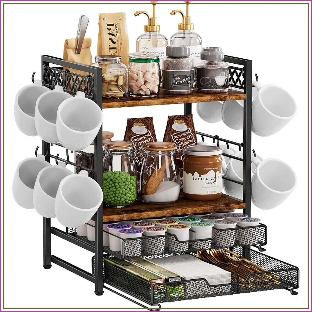 Coffee Bar Station Organizer, 4 Tier K Cup Holder with 12 Hooks, Multifunctional Countertop Storage
Coffee Bar Station Organizer, 4 Tier K Cup Holder with 12 Hooks, Multifunctional Countertop Storage