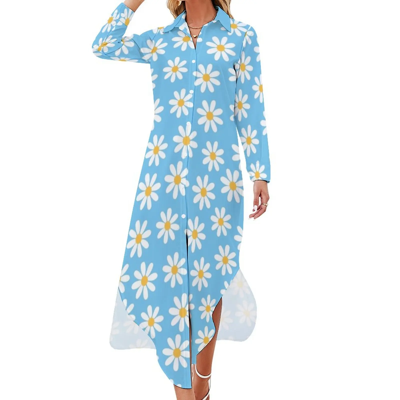 White Daisies on Blue Seamless Pattern Print Long Sleeved Shirt Dress women formal occasion dresses Beachwear
White Daisies on Blue Seamless Pattern Print Long Sleeved Shirt Dress women formal occasion dresses Beachwear