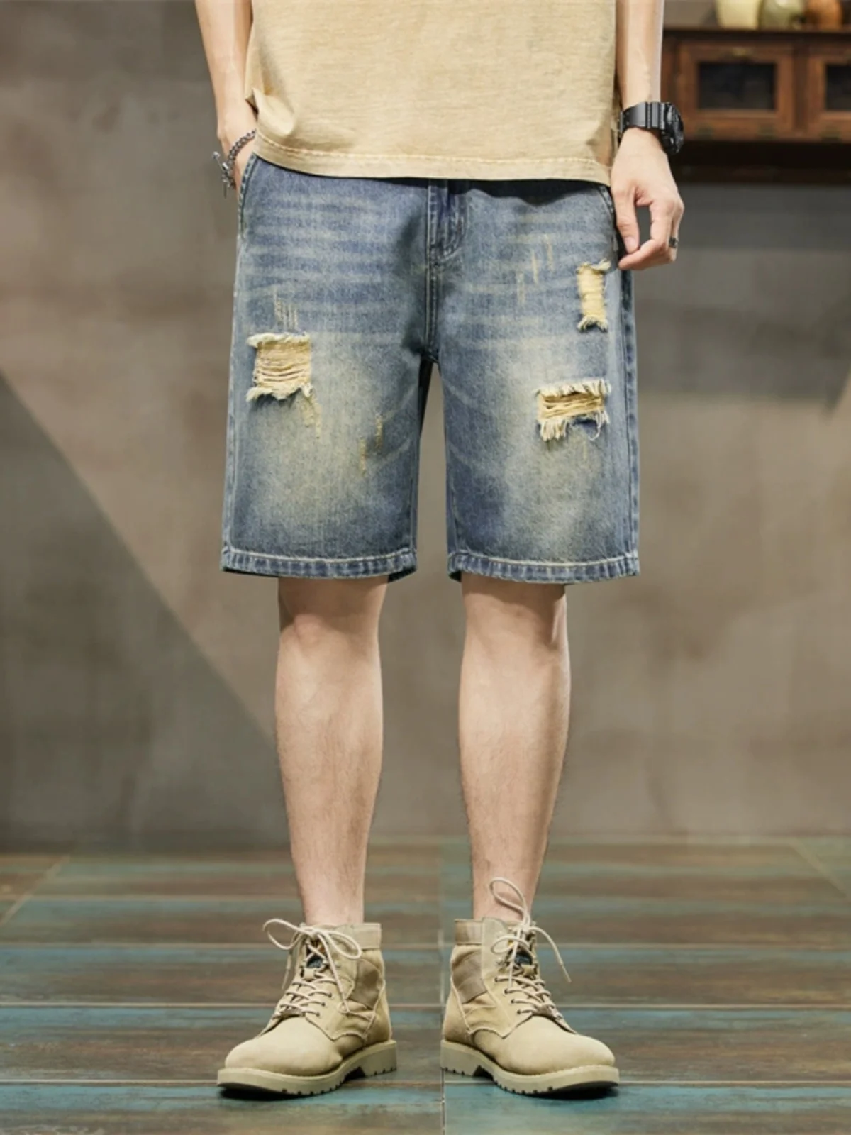 American Sle Workwear orts Men's Loose Straight Leg Faded Summer Vintage Heavy Du Hole Denim Five-Quarter Pants
American Sle Workwear orts Men's Loose Straight Leg Faded Summer Vintage Heavy Du Hole Denim Five-Quarter Pants