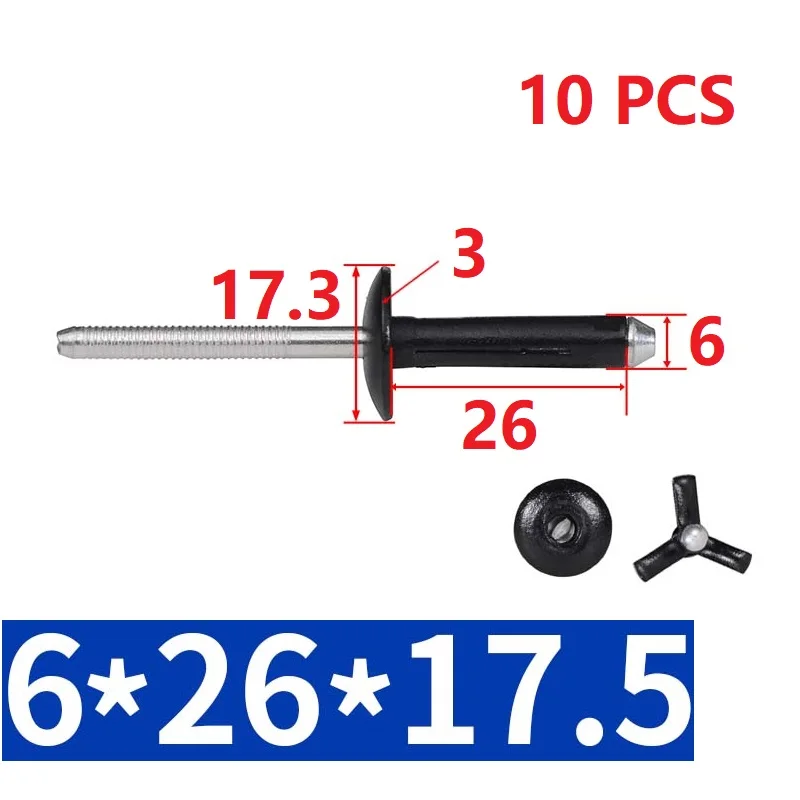 Black Folding Blind Rivet Aluminium Alloy Bumper Rivet Fold Type Remachadora 리벳 6 x 26 x 17.5mm Soft Plastic Material
Black Folding Blind Rivet Aluminium Alloy Bumper Rivet Fold Type Remachadora 리벳 6 x 26 x 17.5mm Soft Plastic Material