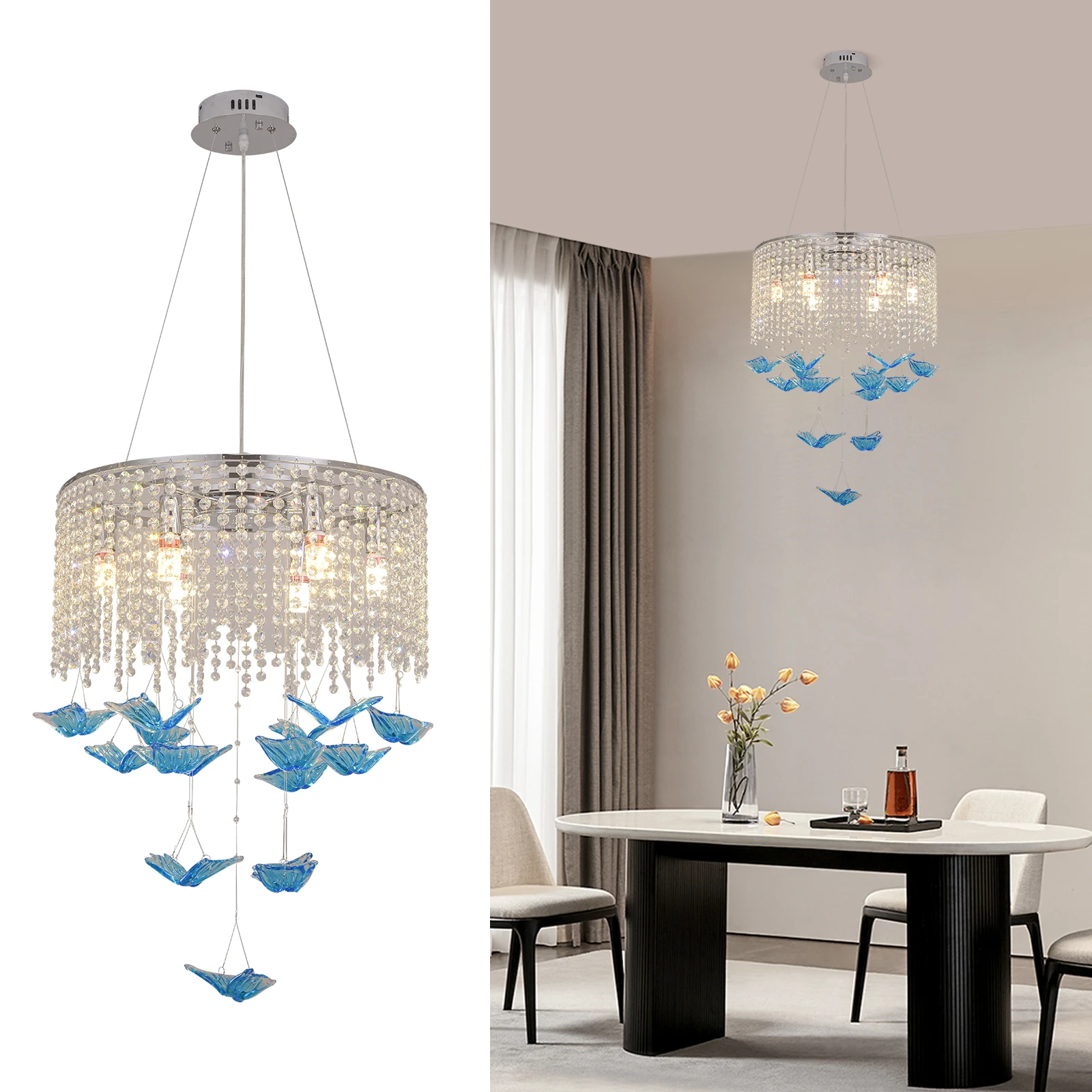 E12x6 Φ50cm Elegant Crystal Butterfly Chandelier with 3-Color Dimming Modern Ceiling Light Fixture for Indoor Luxury Home Decor
E12x6 Φ50cm Elegant Crystal Butterfly Chandelier with 3-Color Dimming Modern Ceiling Light Fixture for Indoor Luxury Home Decor